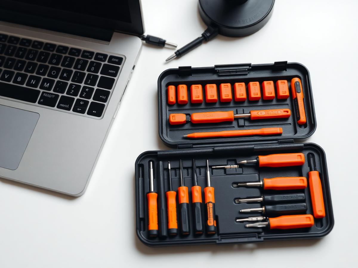 Estuche organizador abierto con puntas de precisión junto a un portátil